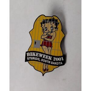 Vintage 2001 Sturgis Bike Week Betty Boop in Jail  Badge Shaped Pin NOS